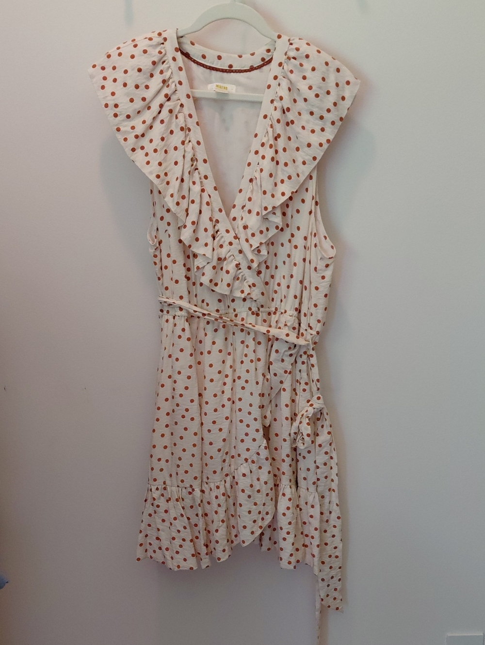 Maeve Womens Ruffle Cream And Brown Polka Dot Dress